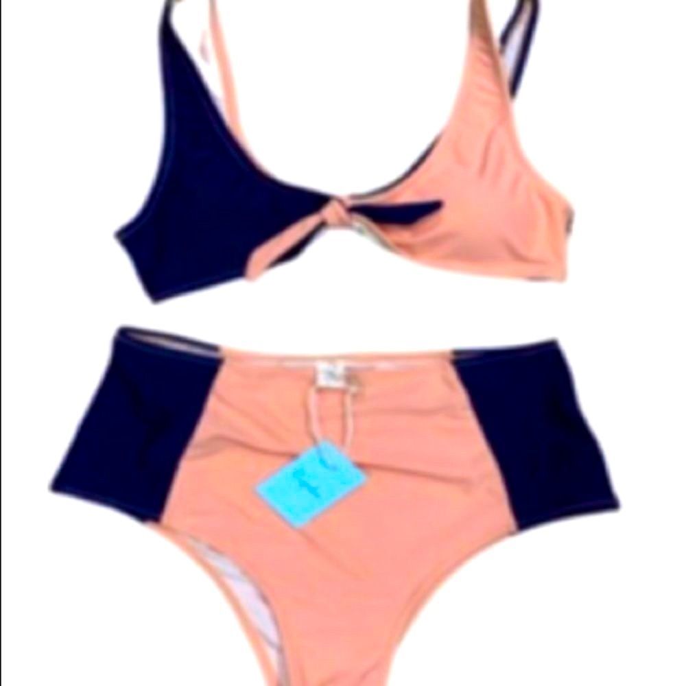 CUPSHE BIKINI Navy & Peach Color Block High Waisted Twisted Tie Plunge Top NWT